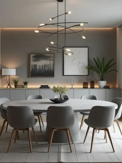 A sculptural, multi-armed chandelier is the centerpiece of this modern grey dining room. The oval table encourages conversation, while the built-in sideboard with under-cabinet lighting offers a stylish space for serving and display.