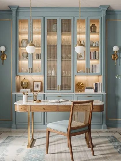 A classic and elegant home office design in a soft powder blue. The glass-front cabinets, traditional desk, and floral wallpaper create a timeless and inspiring workspace.