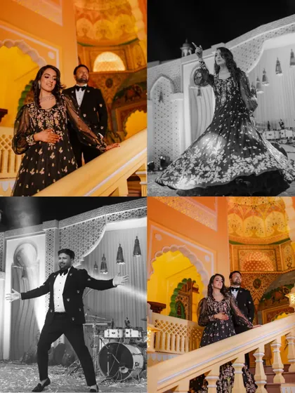 A mix of color and black and white shots from Tanmay and Dipika's Sangeet. This collage highlights their solo performances and their grand entrance, showcasing their energy and style.