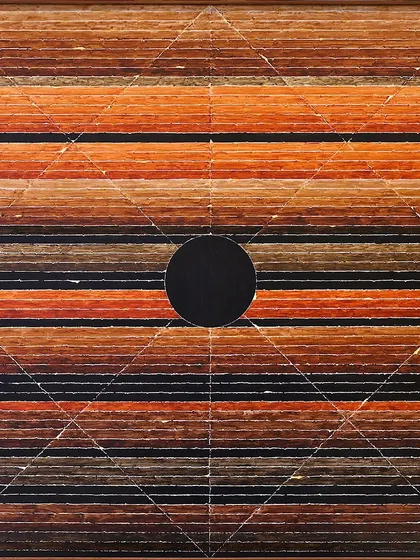 This captivating 1990 work by S.H. Raza is a testament to his iconic style, where geometry and spirituality converge. The black circle at the center, the 'Bindu,' serves as a point of contemplation, signifying the source of life.