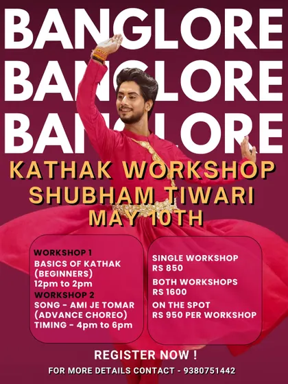 The official poster for our banger Kathak workshop with Shubham Tiwari. We offered two sessions, one for basics and one for advanced choreography, making it accessible to all.