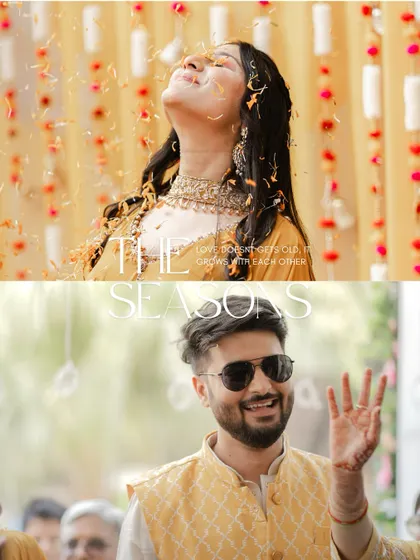 A split image showing the bride in a shower of flower petals and the groom smiling. This artistic shot captures the essence of the Haldi ceremony, full of blessings and happiness.