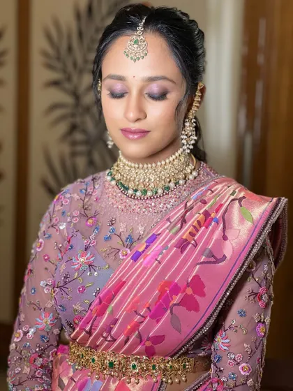 A close-up with eyes closed shows the beautiful blend of colors on the eyelid. This is a key technique for creating soft, dimensional eye makeup that you will master.