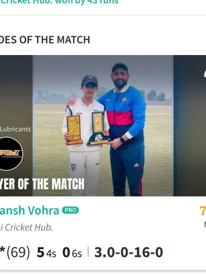 My student Saiansh Vohra was named Player of the Match for his crucial 69 not out, which helped Delhi Cricket Hub lift the trophy in the Raghubir Singh Memorial Cricket Tournament.