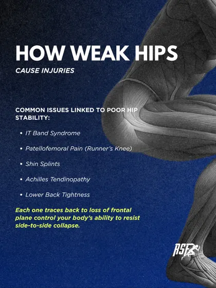 Weak hips are a common cause of injuries like IT Band Syndrome, Runner's Knee, and Achilles Tendinopathy. These issues often trace back to a loss of frontal plane control.