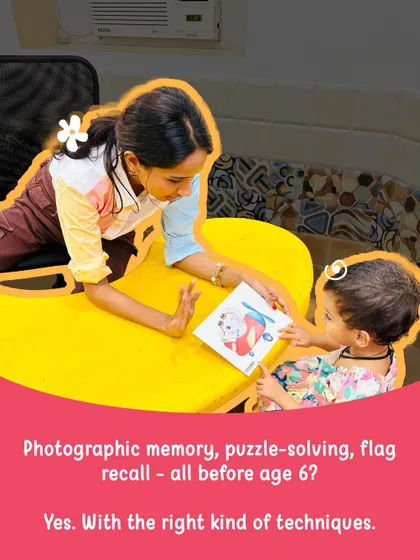 Photographic memory, puzzle-solving, and flag recall are all skills we nurture before age 6. Here, a trainer works one-on-one with a child using flashcards, a key tool in our right-brain education methodology.