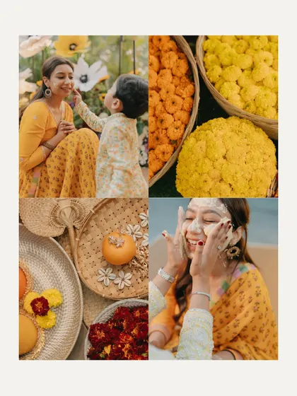 A collage capturing the essence of a Haldi ceremony: playful moments, vibrant marigolds, and the happy bride.