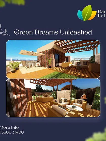We believe in unleashing green dreams. This collage showcases two views of a terrace design featuring a brick accent wall and a wooden pergola, creating a warm and sunny space for lounging and dining.