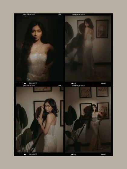 A film-strip style collage of the bride's portraits in her glamorous reception dress.