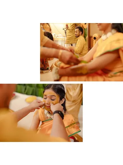 The traditional application of Haldi, a serene and significant part of the pre-wedding rituals.