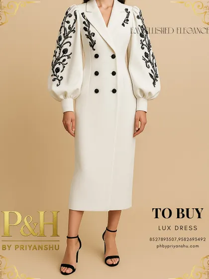 A detailed shot of the white double-breasted dress, focusing on the exquisite black hand-embroidery on the voluminous sleeves.
