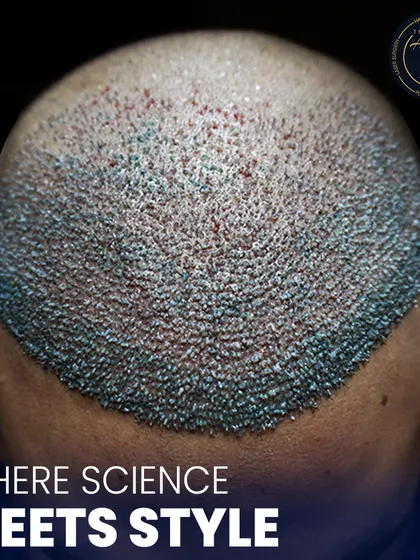 This is where science meets style. A detailed view of newly implanted hair follicles, showcasing the meticulous process of high-density hair restoration.