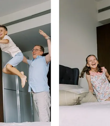 A collage showing the fun and chaos of an at-home session with older kids. Jumping on the bed is always encouraged.