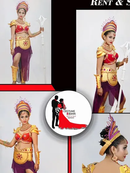 A collage showcasing different angles of the female fantasy warrior costume available for rent.