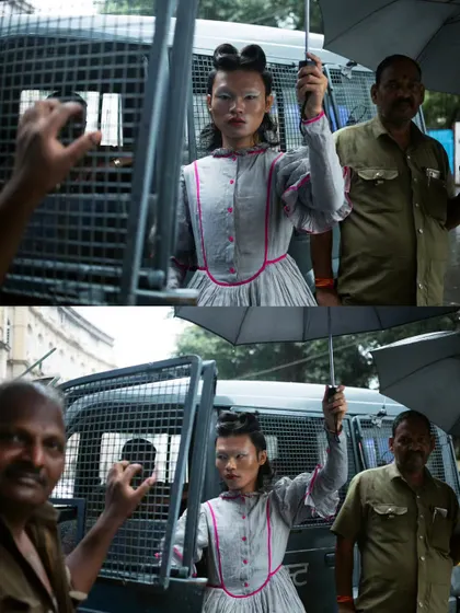 A diptych showing the raw, unedited moments of the "RIOT" shoot. It captures the interaction between the model and the environment, including the curious onlookers who became part of the story.