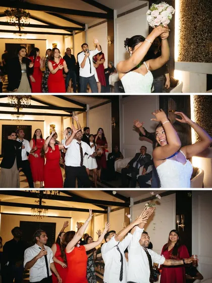 The bouquet toss! A fun and energetic collage capturing the excitement as the single ladies vie to catch the bride's bouquet.