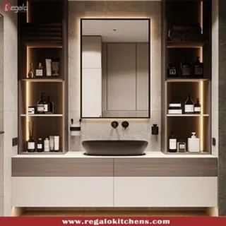 This vanity features a sleek black vessel sink and integrated open shelving with backlighting. The design is perfect for a modern bathroom that values both style and organization.