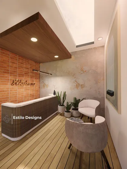 For a clubhouse project, I designed this welcoming reception area. The space combines natural materials like brick and wood with modern lighting and comfortable seating to create a warm and inviting entry point for members.