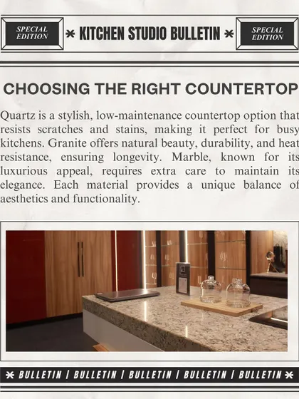 A guide to choosing the right countertop. Whether you prefer low-maintenance quartz, durable granite, or luxurious marble, each material offers a unique balance of beauty and function.