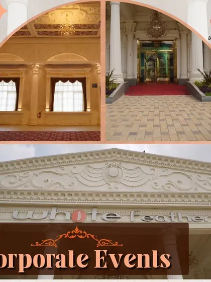 A collage showcasing the architectural details of our White Feather venue. The combination of the grand entrance, intricate facade, and luxurious interiors makes it a premier choice for corporate events.