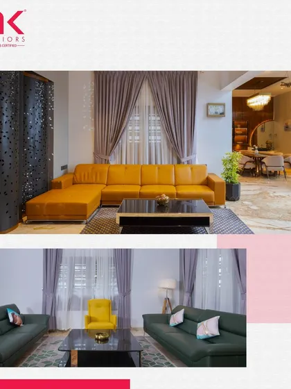 A collage showcasing two different living room styles. One features a bold yellow L-shaped sofa, while the other uses deep green sofas with a pop of yellow, demonstrating our design versatility.