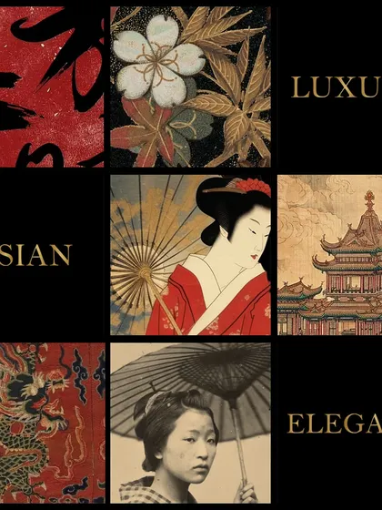 A mood board showcasing the inspiration for the bespoke artworks and murals created for the Shanghigh restaurant. The theme blends luxury, elegance, and traditional Asian art, from geishas and dragons to serene landscapes.