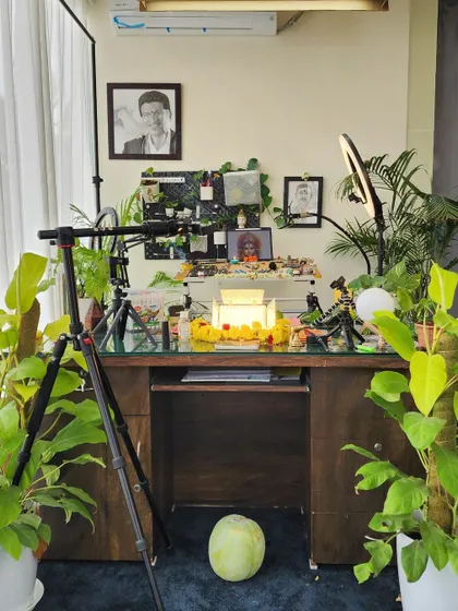 My workspace decorated for the Ayudha Pooja. I'm grateful for my tools and the ability to create art every day.
