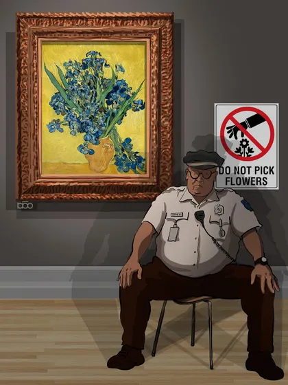 A commentary on the commercialization of art and the artist's suffering. A security guard sits before the "Irises" painting with a "Do Not Pick Flowers" sign, highlighting the irony of protecting a painted image of nature while the artist's pain remains unseen.