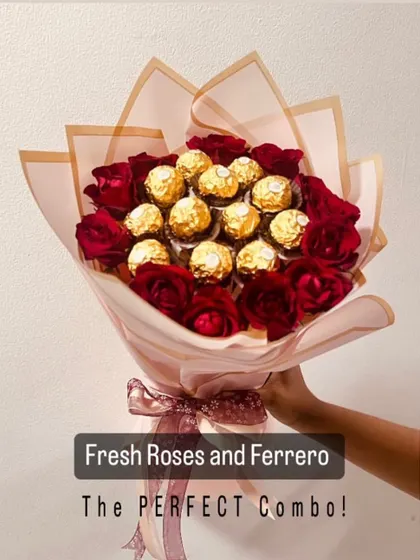 Sometimes, you just need a classic. This is our take on the perfect combo: a hand-tied bouquet of fresh red roses and Ferrero Rocher chocolates. It’s simple, elegant, and always a winner.