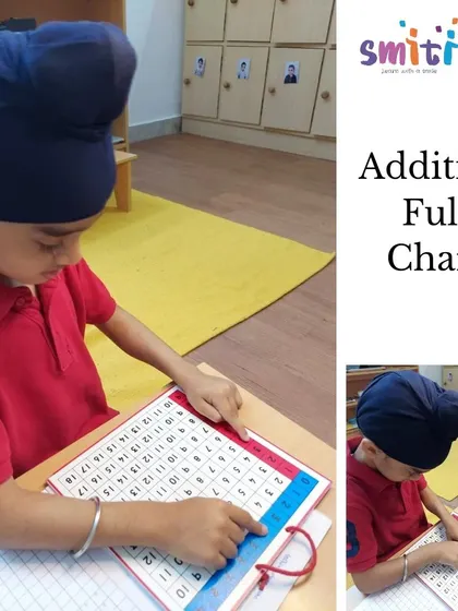 A student uses the addition chart to solve math problems. This material helps children memorize basic addition facts through hands-on practice.