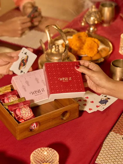 My Mini Celebration Sweet Boxes, filled with everyone's favorite, Kaju Katli. These are perfect as small, thoughtful gifts for guests during Diwali parties.