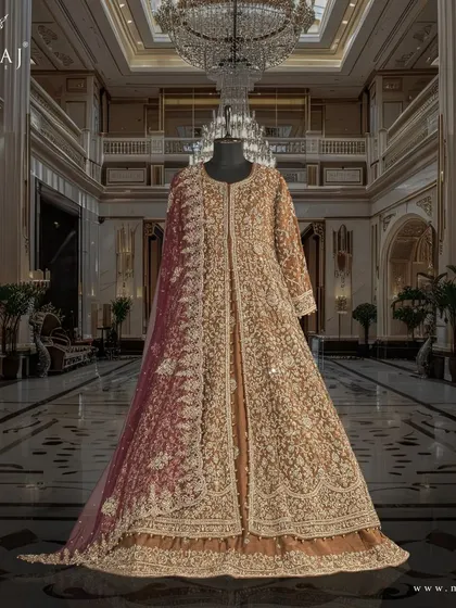 A studio shot of the rust brown Indo-Western ensemble, with its intricate hand embroidery adding a touch of sophistication.
