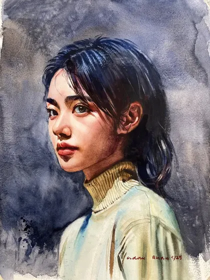 A portrait study exploring the balance of light and shadow. The cool, dark background pushes the subject forward, emphasizing the light on her face and the soft texture of her sweater.