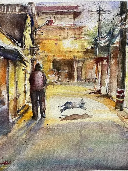 I've always wanted to paint the mystery of silent, dark lanes at night. This watercolor captures that feeling, with a lone figure walking and a dog playing in the light, creating a sense of quiet drama.
