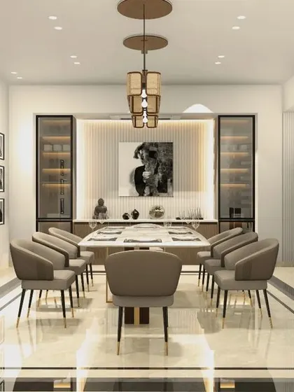 A formal dining room that exudes sophistication. The design features a marble-inlay floor, custom glass cabinetry for storage, and statement pendant lighting, creating a refined setting for hosting dinner parties.