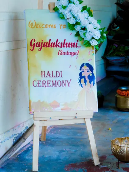 The personalized welcome sign for Gajalakshmi's Haldi ceremony, a lovely detail that I always make sure to capture.