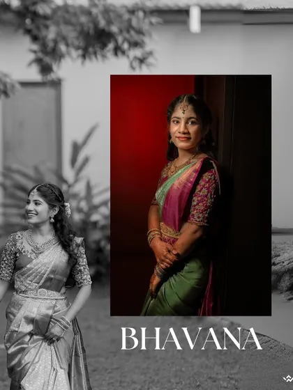 A graphic-style portrait of the bride, Bhavana, looking elegant and beautiful.