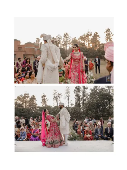 A collage of the couple during their pheras at an outdoor wedding ceremony.