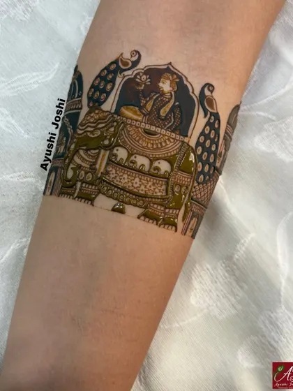 A startup idea for a royal bridal mehendi, featuring a queen on an elephant, surrounded by peacocks.