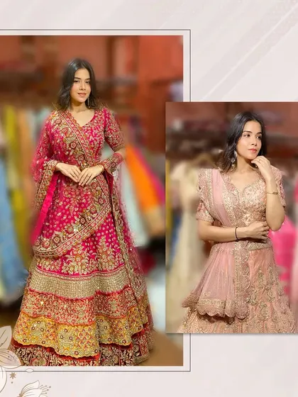 A collage showing two beautiful pink lehengas from my collection. Elegance is not just a look, but a feeling I want every client to experience.