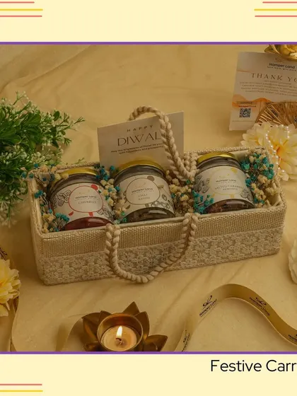My "Festive Carry" hamper is a simple yet elegant option. It includes three jars of treats in a woven basket with rope handles, perfect for easy and stylish gifting.