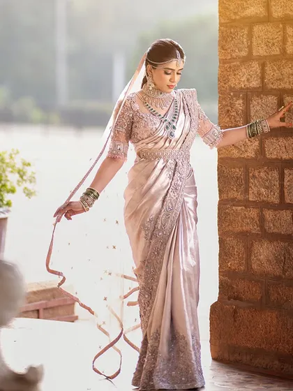 The same stunning shot, capturing the elegance of the bride's complete custom ensemble. Every detail is crafted to perfection.