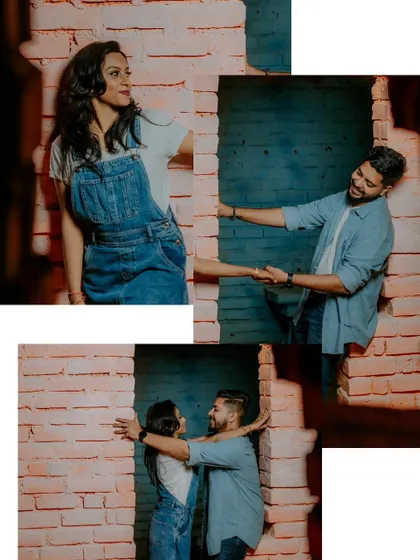 A creative collage showing a couple playfully interacting through a brick wall opening.