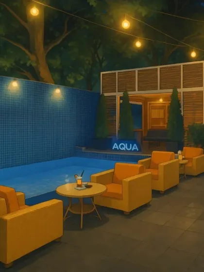 An anime-style depiction of our Aqua poolside lounge at night. The string lights and serene pool create a magical, cozy corner for guests to unwind.