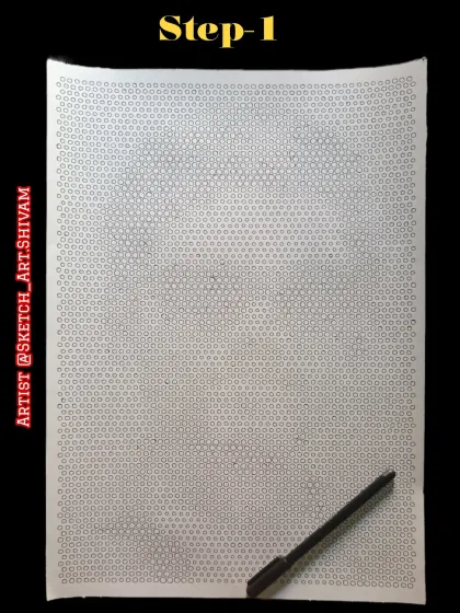 This is the first step of my dot portrait technique. I begin with a grid of empty circles on an A3 sheet, which will serve as the canvas for the portrait.