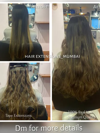 This collage shows the before, during, and after of a tape-in extension service, including a view of the wavy texture.