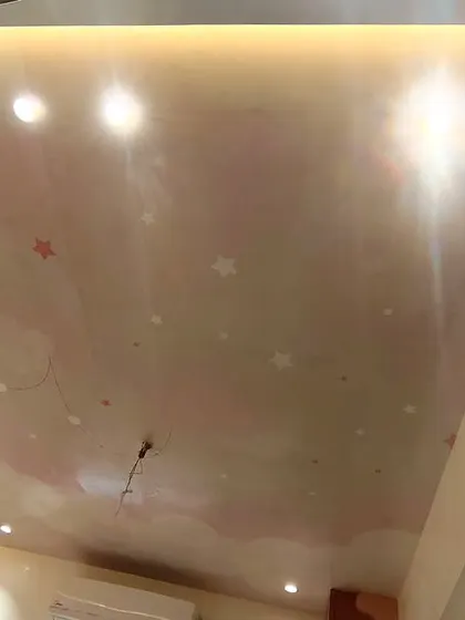 This starry sky wallpaper was installed on the ceiling of a kid's room. Combined with the cove lighting, it creates the feeling of sleeping under the stars.