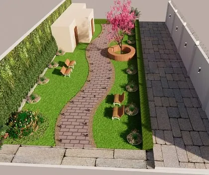 This is a 3D design render we created for a client. It helps them visualize the final garden, including the layout of the lawn, pathways, seating, and even the types of trees.