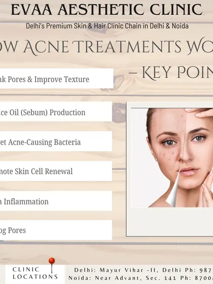 This infographic explains the mechanisms of our acne treatments, which work to shrink pores, promote skin cell renewal, and calm inflammation for a clearer complexion.