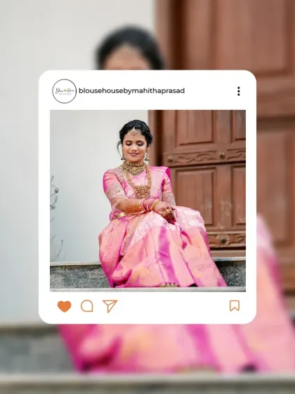 A social media feature of a bride in a beautiful pink silk blouse with peacock motifs.